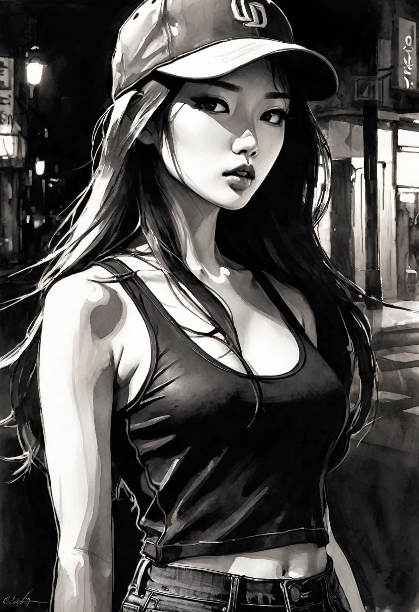 slim girl, sexy, modern, black baseball cap, jeans, very tight black tank top, very long brown hair, Korean features, on the streets of Seoul, sketch,eroticism, sexy, black and white image, between shadows, oil painting, chiaroscuro, sensual, dramatic lighting, moody atmosphere, dark and brooding, expressionistic, powerful composition, emotional impact, art inspired by Bill Sienkiewicz