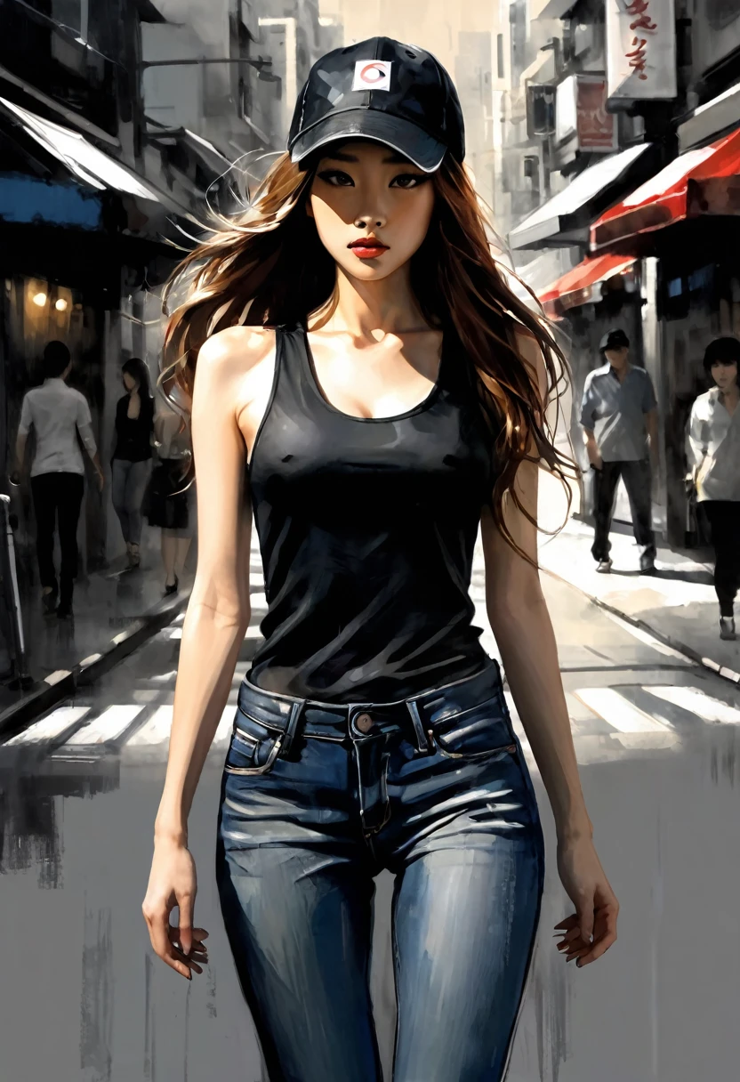 slim girl, sexy, modern, black baseball cap, jeans, very tight black tank top, very long brown hair, Korean features, on the streets of Seoul, sketch,eroticism, sexy, black and white image, between shadows, oil painting, chiaroscuro, sensual, dramatic lighting, moody atmosphere, dark and brooding, expressionistic, powerful composition, emotional impact, art inspired by Bill Sienkiewicz
