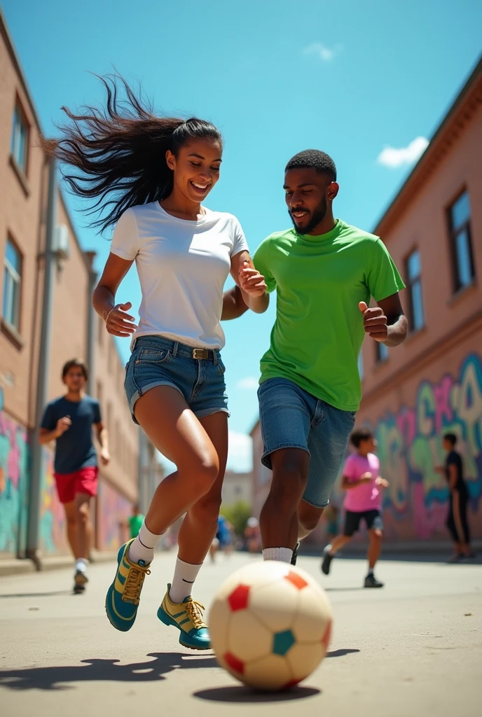 anime a woman with tanned skin with long black hair in a white t-shirt and blue jean shorts and a dark-skinned man in a green t-shirt and blue jean shorts playing in a street soccer game