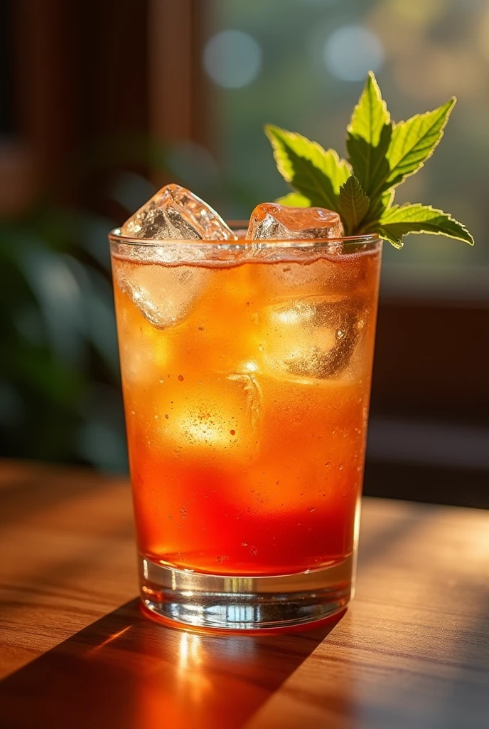 a glass of drink, realistic, high quality, detailed, photorealistic, cinematic lighting, warm color tones, glass material, liquid, ice cubes, glass reflection, depth of field, 4k, hyper detailed