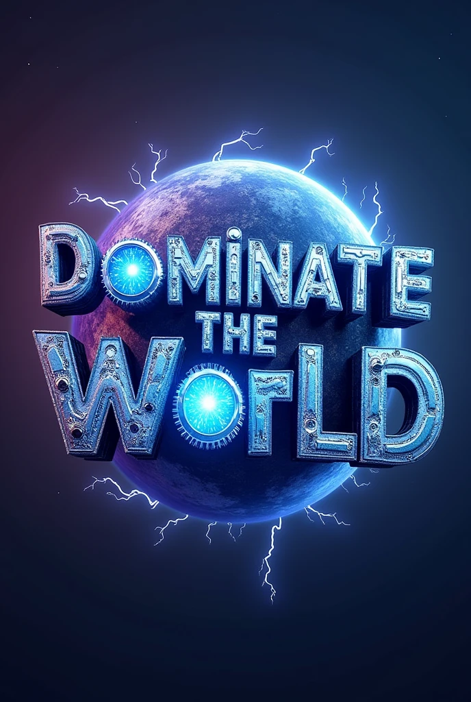An awe-inspiring 3D render of futuristic typographic, showcasing the phrase “Dominate the World”,with a captivating celestial design. each letter meticulously crafted, featuring a central cylindrical body, a smaller capsule structure, and an abundance of buttons and gears. a vibrant blue halo surrounding the word adds cosmic energy to the composition. adorned with swirling blue lightning on a deep purple background, Enhance the otherworldly atmosphere. This innovative and Movie design exudes a sense of energy and innovation, Perfectly evoking and inspiring., photo, typographic, 3D Rendering, Movie