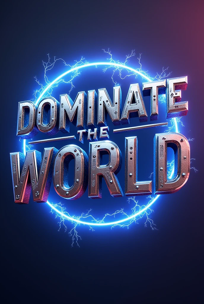 An awe-inspiring 3D render of futuristic typographic, showcasing the phrase “Dominate the World”,with a captivating celestial design. each letter meticulously crafted, featuring a central cylindrical body, a smaller capsule structure, and an abundance of buttons and gears. a vibrant blue halo surrounding the word adds cosmic energy to the composition. adorned with swirling blue lightning on a deep purple background, Enhance the otherworldly atmosphere. This innovative and Movie design exudes a sense of energy and innovation, Perfectly evoking and inspiring., photo, typographic, 3D Rendering, Movie