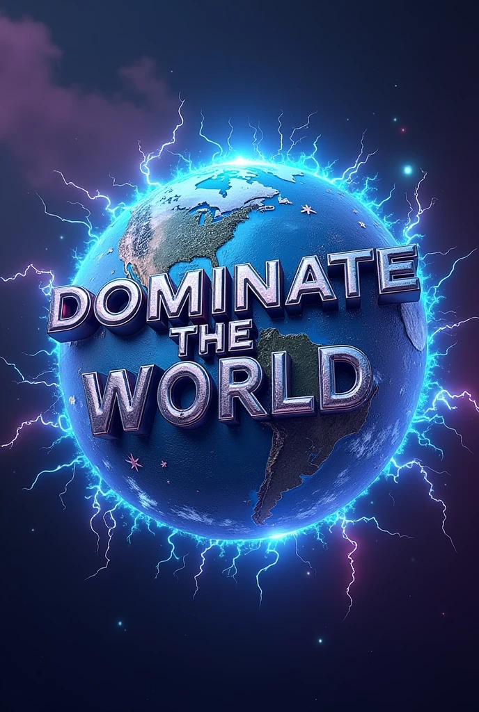 An awe-inspiring 3D render of futuristic typographic, showcasing the phrase “Dominate the World”，with a captivating celestial design. each letter meticulously crafted, featuring a central cylindrical body, a smaller capsule structure, and an abundance of buttons and gears. a vibrant blue halo surrounding the word adds cosmic energy to the composition. adorned with swirling blue lightning on a deep purple background, Enhance the otherworldly atmosphere. This innovative and Movie design exudes a sense of energy and innovation, Perfectly evoking and inspiring., photo, typographic, 3D Rendering, Movie