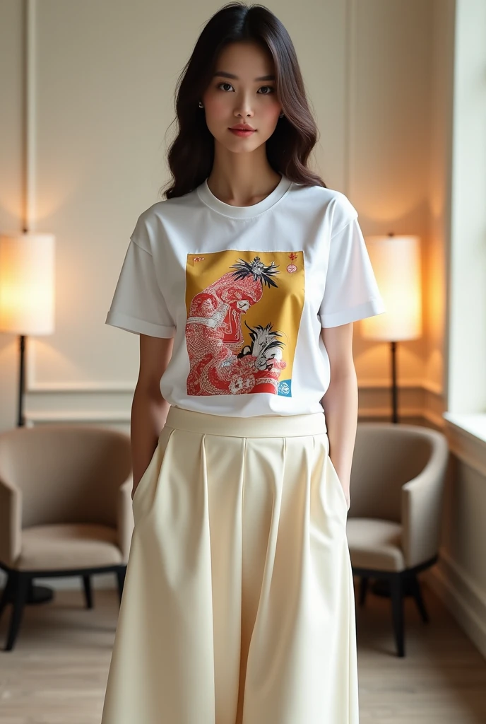 8k image of model wearing white T-shirt printed with Vietnamese Dong Ho painting. Cream colored stand-up skirt. Luxurious elegant style. Background with rice white walls, chairs, lamps