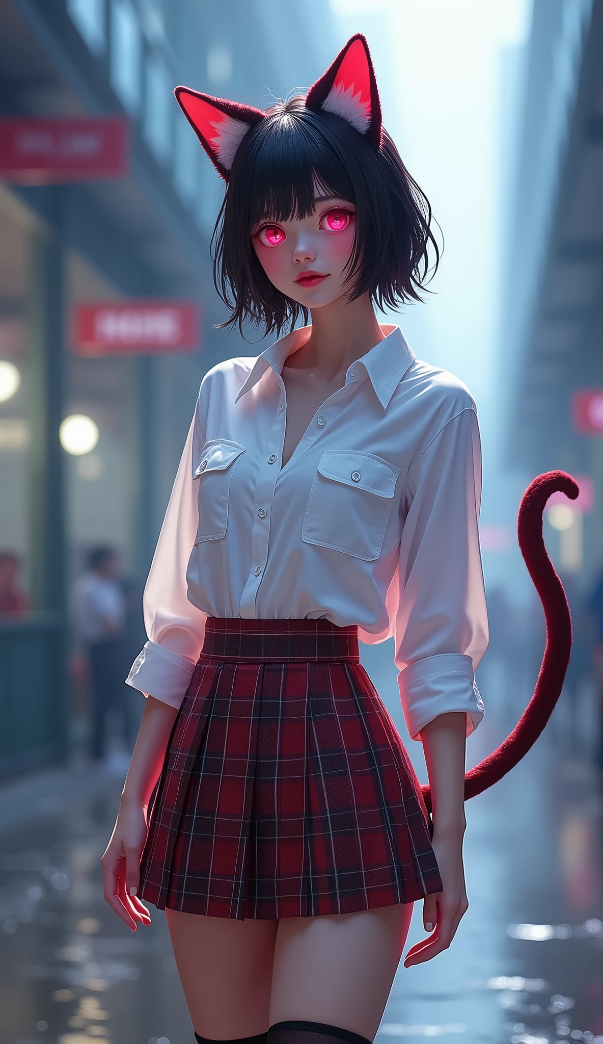 (((There is one girl:1.5))),Waifu E-girl, Cat Ears, Cat Tail, ((Glowing-Pink-Eyes)),(((A tall high school girl with a model figure))),Perfect proportions,(Standing facing this),Full body photography,(wide thighs, Very long legs),Fleshy,Mid-chest,(((Cleavage))),Breast enlargement,swelling of the nipples,Unbutton your shirt,Loafer Asterpiece on the ground:1.3),((8k, Photorealistic:1.4)),((Surreal,RAW Photos, highest quality: 1.4)),((Ultra high definition,Super detailed)), Beautiful Face,((Realistic face),(Brown's shortcuts:1.3)),Short Hair,Disheveled Hair,Fluffy hair,Detailed eyes,Realistic beautiful skin,Golden Ratio,Super cute,Open your mouth a little,smile,High school girl in summer clothes,White shirt,Sweaty,Wetty,(Wet shirt),See-through shirt,Light clothing,Surreal school girl,pleated micro mini skirt,Checkered micro mini skirt,Pleated miniskirt with tartan check,((I can see your panties!!)),pantyhose,(Black Stockings),((Knee-high stockings)),loafers,Esbian all over,High school girl wearing JK uniform,Sexy pose,Anatomically accurate body,Precisely drawn fingers,