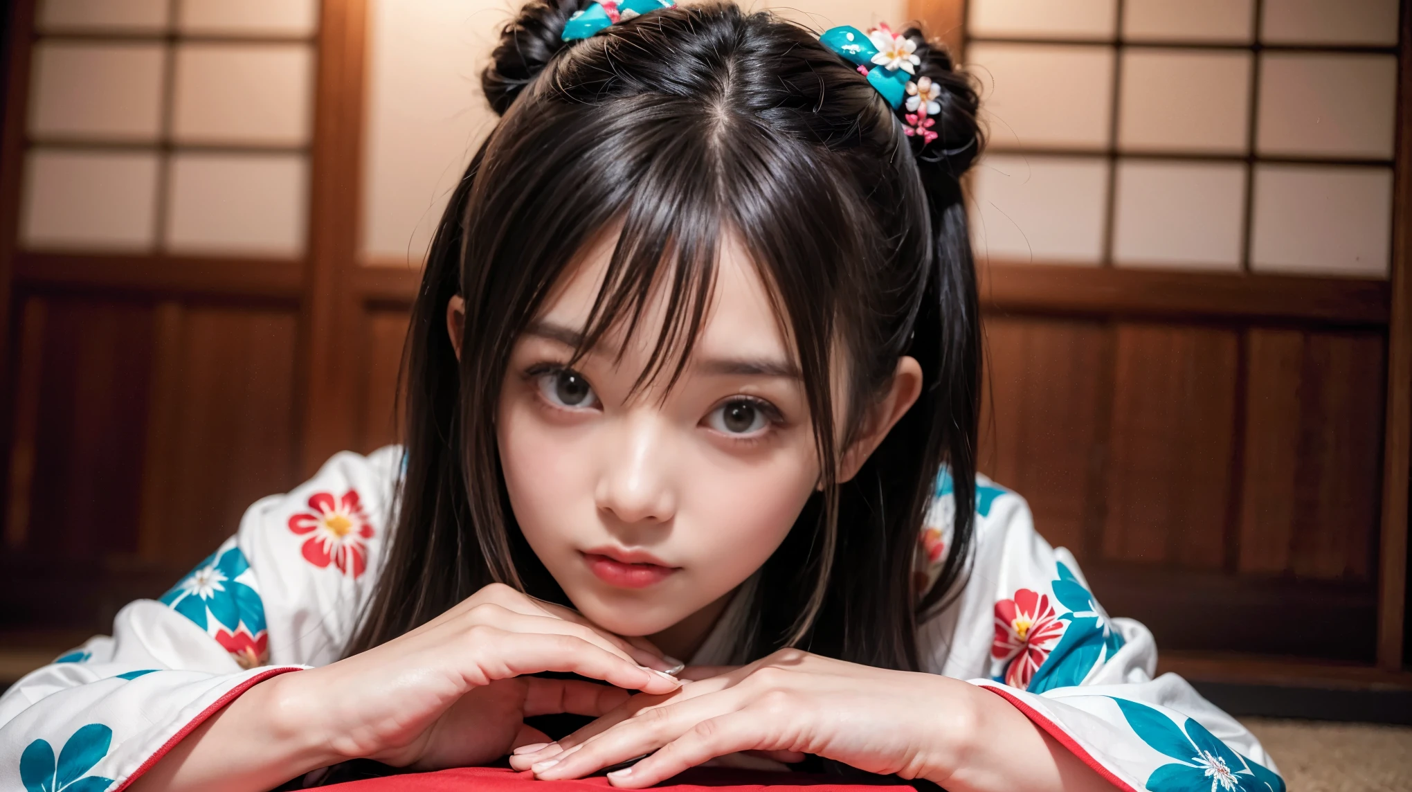 (masterpiece, Highest quality: 1.2), alone, One person, tainaka ritsu, K-is, Brown eyes,Anime Style, ((((Super Illustration Style: 1.0)))),Highest quality,masterpiece,One person,((((tainaka ritsu)))), ((((K-is)))), Brown eyes, Brown Hair, hair band, short hair, woman, {{{{{{Heart-shaped pupils}}}}}}, Beautiful kimono down to the last detail, Japanese-patterned print, Floral print