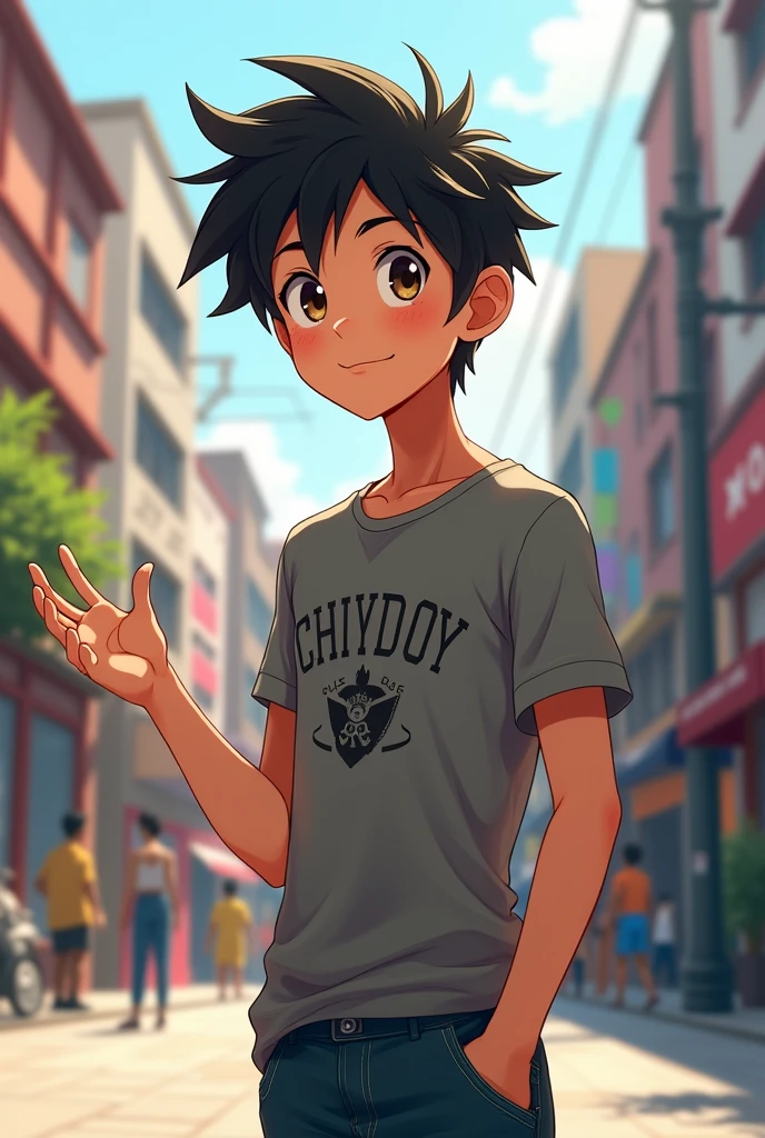 A simple 2d anime boy 23 character standing with black hair brown eyes hand in explaining gesture