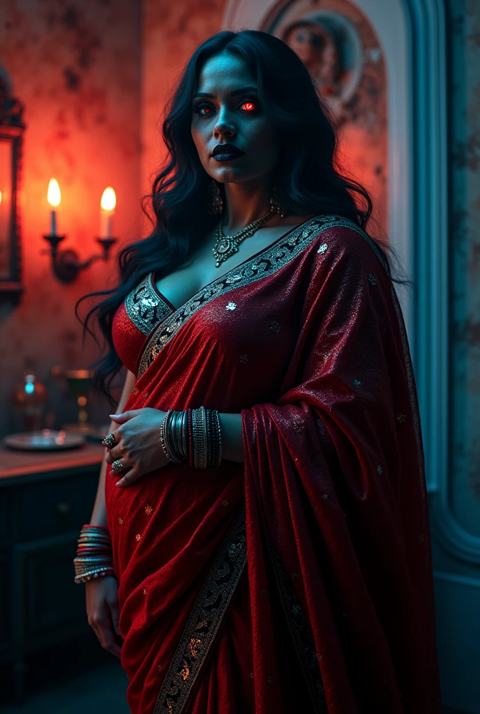 indian astrology,Looks like Aparna Dixit, full body Closeup shot, Big chubby aunty, milf, cougar lady witch, horny Gothic milf,  50 years old gorgeous mature lady, pervert demoness, demoness of lust, curvy, black lips, horny face, extremely gorgeous, thick figure, heavy physique, voluptuous, curvy, sexy figure, Fashionable portrait of androgynous alien looking witch wearing veil, glowing eyes, futuristic design, minimal details, givenchy, photoreal, 200mm, hd, f/ 2.0, highly detailed, surreal, sexy beautiful evil woman, sexy bold sequin Saree with strapless Bra, chudail, Pishachini, horror genre, blood-thirsty enchantress, powerful female spirit, eerie, drop dead, in the style of red and blue, (intricate details, hyperdetailed:1.15) (skin texture:1.2), dark Moody tone, cinematic lighting, haunted place in background, Fortune telling hall