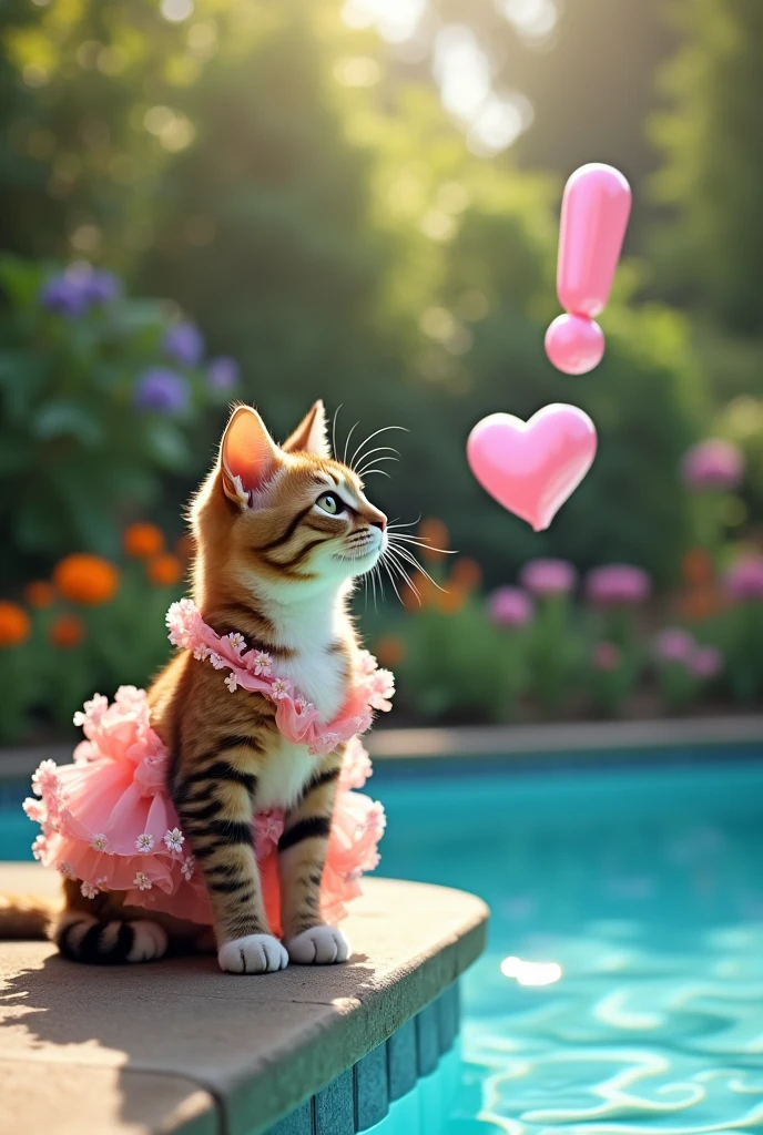 A cat wearing a dress,In the background there is a large pool and a big garden.,big "!?" on the screen is written in big letters on the screen,Heart symbol、