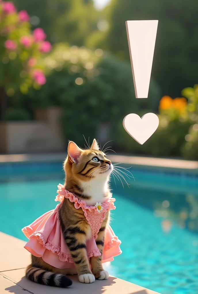 A cat wearing a dress,In the background there is a large pool and a big garden.,big "!?" on the screen is written in big letters on the screen,Heart symbol、