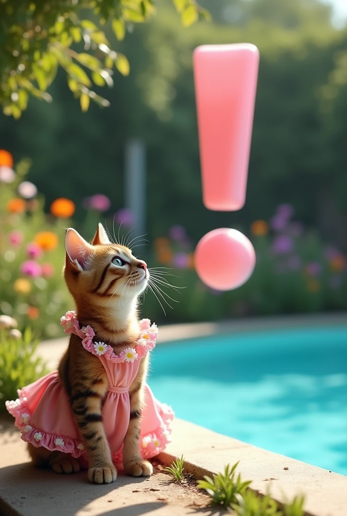 A cat wearing a dress,In the background there is a large pool and a big garden.,big "!?" on the screen is written in big letters on the screen,Heart symbol、