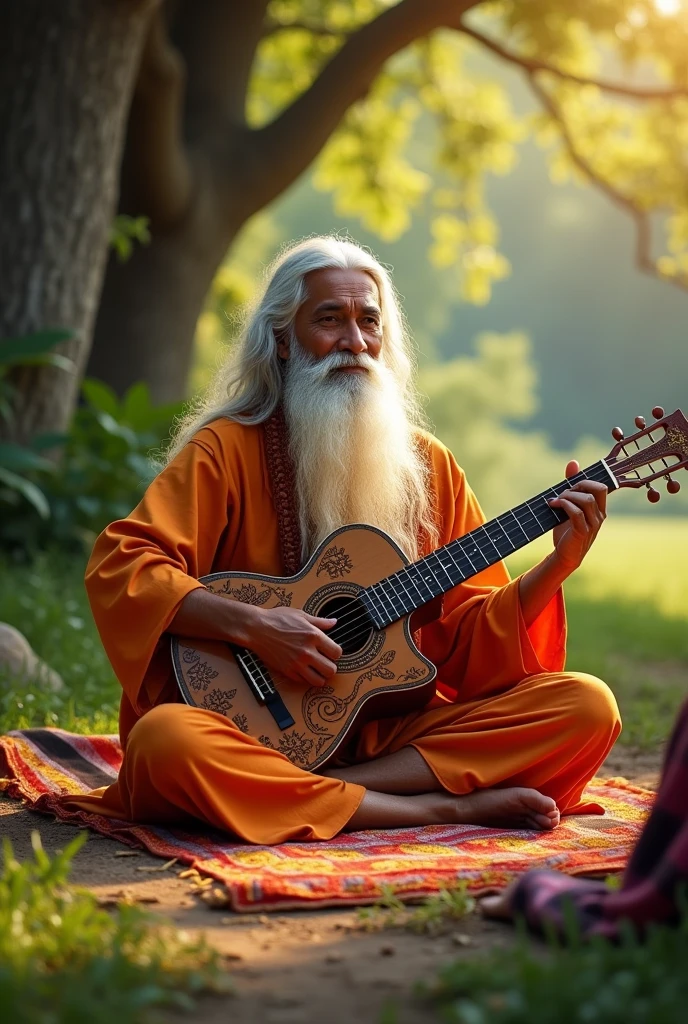 Indian sadhu Guru playing guitar and teaching to the student and show the students sitting in front of Sadhu Guru and learning in guitar instrument
