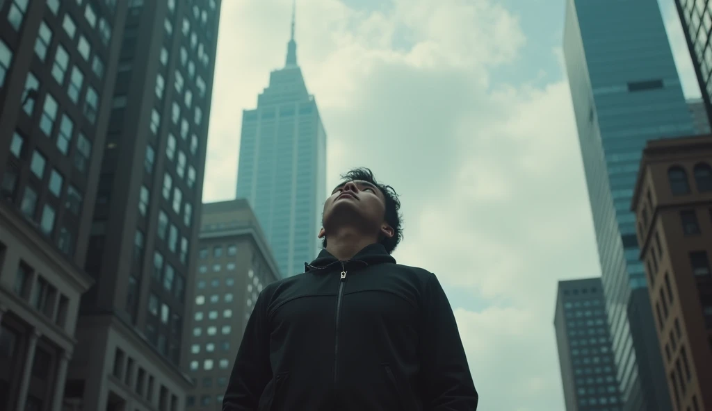 a person walking down a city street, looking up at the sky, (best quality,4k,8k,highres,masterpiece:1.2),ultra-detailed,(realistic,photorealistic,photo-realistic:1.37),extremely detailed eyes and face,longeyelashes,cinematic lighting,dramatic scene,moody atmosphere,(cinematic,dramatic:1.2),(urban,cityscape:1.1),street,buildings,cloudy sky,contemplative,searching for meaning