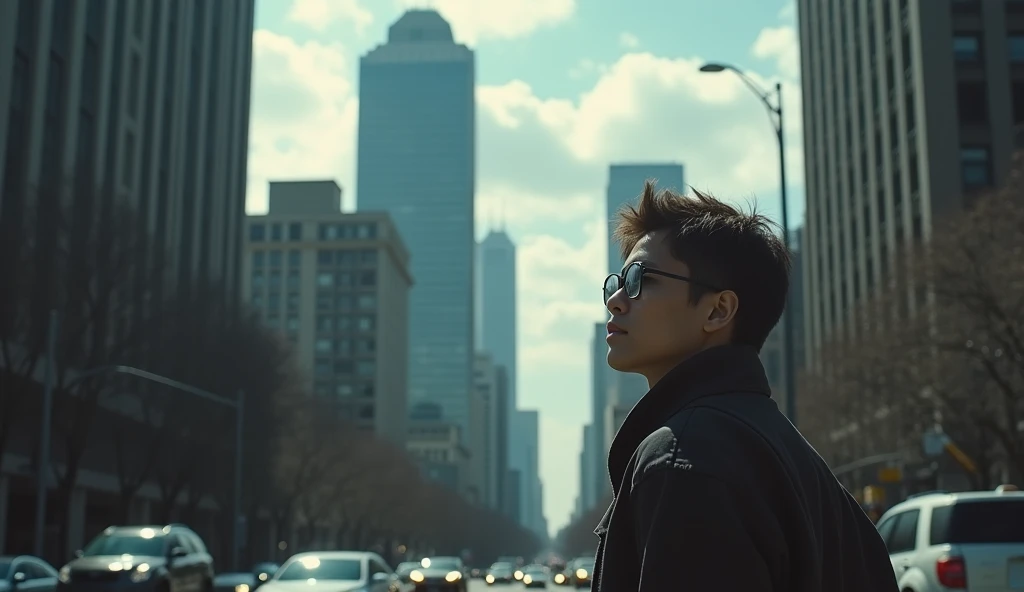 a person walking down a city street, looking up at the sky, (best quality,4k,8k,highres,masterpiece:1.2),ultra-detailed,(realistic,photorealistic,photo-realistic:1.37),extremely detailed eyes and face,longeyelashes,cinematic lighting,dramatic scene,moody atmosphere,(cinematic,dramatic:1.2),(urban,cityscape:1.1),street,buildings,cloudy sky,contemplative,searching for meaning