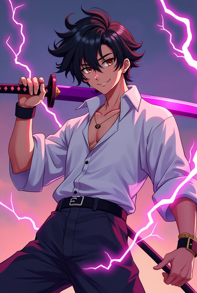 I want a character with brown eyes and curly hair, Half gray around the eye, He has a black mark, He has black hair, Make him smile, He is wearing a white shirt with a relaxed fit and black saruel pants, Character is male and in the anime don style'Don't forget to make the black lightning blade he is holding a purple katana Imbued with black and red lightning