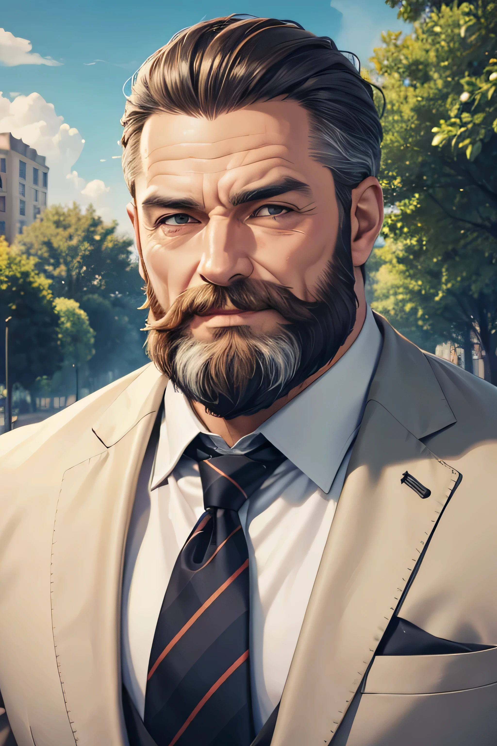 portrait, muscular old man in park, beard no mustache, happy, summer, suits, vector, mwvector