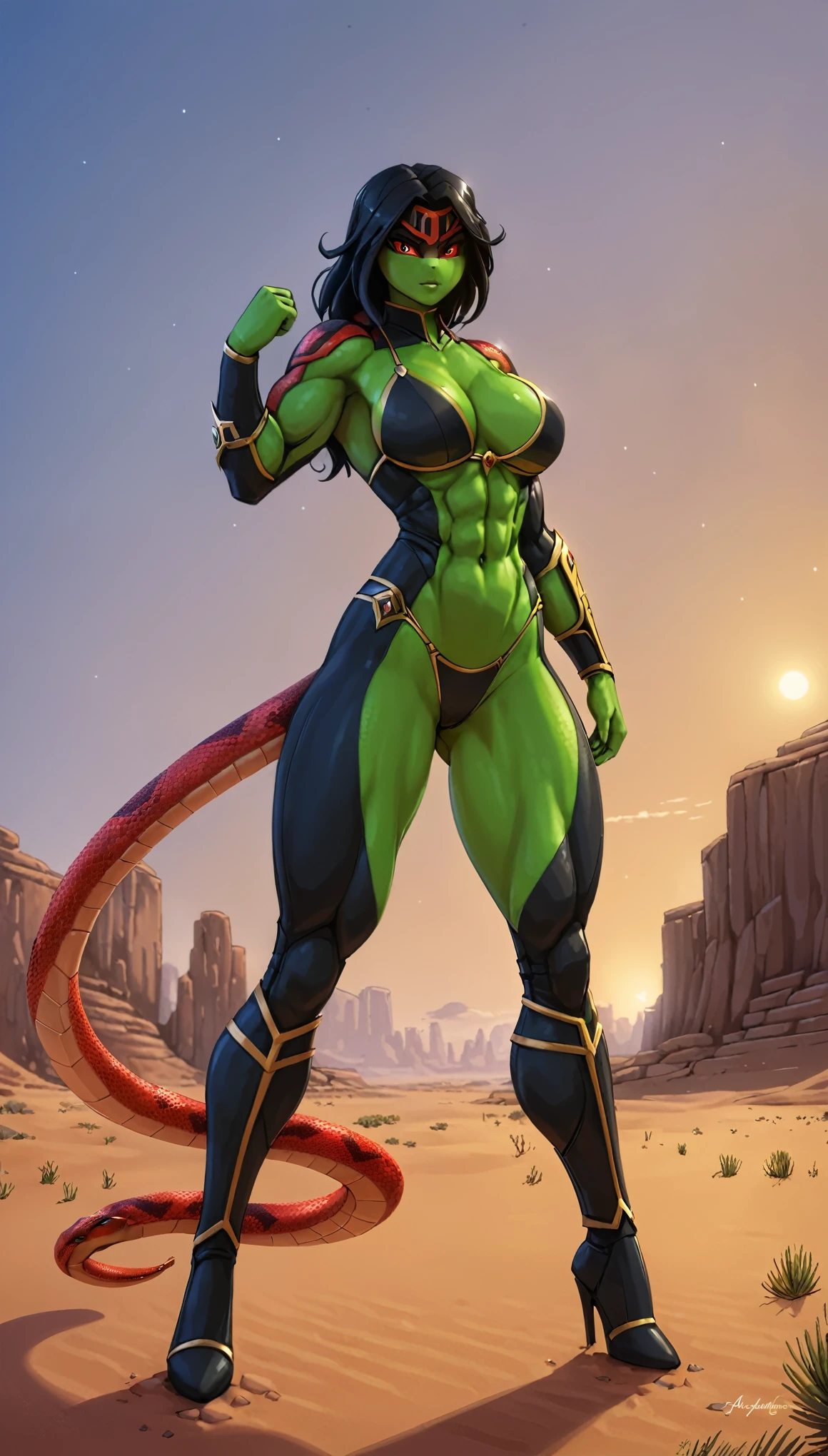 front view, best quality,  wide shot, 

1girl, snake girl, hybrid, muscular terrifying body, powerful body, green skin, red snake eyes, character from Mortal Kombat, reptilian heritage, tight green and black outfit, bodybuilder pose, superhero in a bikini, stark surroundings, stands confidently in the desolate expanse of the desert, green armor,

[by Alex Timmermans:by jaynaylor:0.25],
detailed background, detailed foreground, depth of field, ambient silhouette, backlighting,

