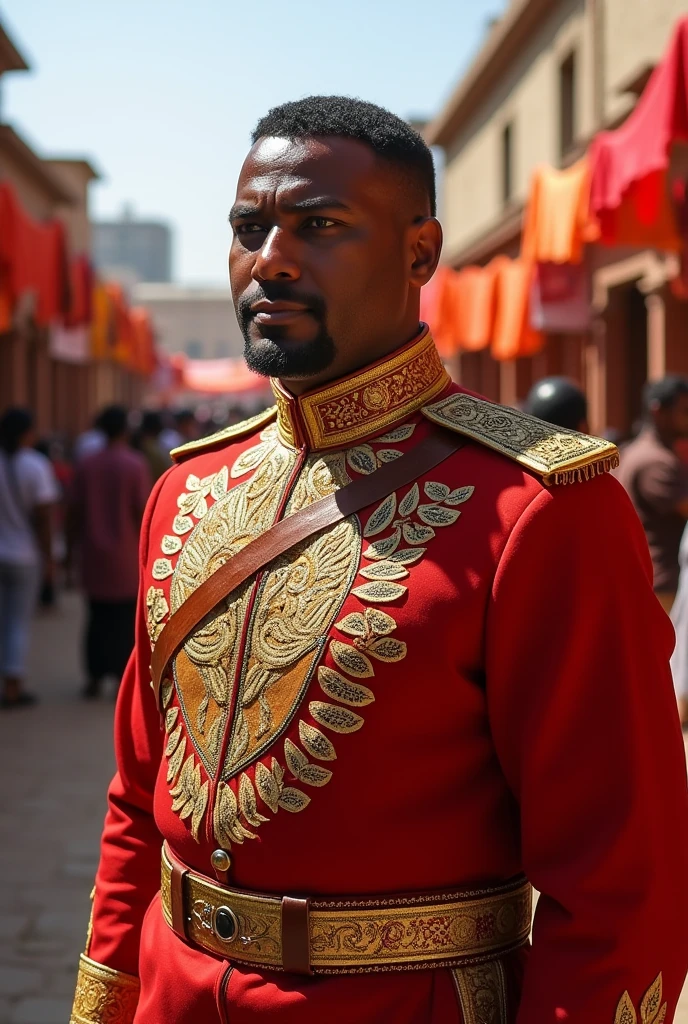 He wears a corporal's uniform with the colors of the Misak attire.