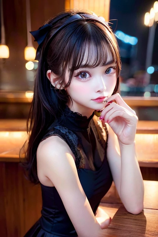 1 girl, Drinking at a bar at night, She is wearing a black dress,He is holding a cocktail glass in his left hand.。She is wearing a long black dress and is very sexy, headband Lace with black ribbon, she is AYA MIYABI, 22 years old, Bishojo, looking at viewer, she is famous Japanese idol, kawaii, (mascara), eyeliner, almond eye, natural eyebrows, thin lips, Natural color lip, extremely detailed skin, fair skin, smile, cute, realistic face, slender face, beautiful skin, flat chest, clavicle, slender body, black straight hair, medium long hair, Forehead, delicate thighs, skinny legs, lean legs, Best quality, (8k, RAW photo, best quality, childish face, masterpiece:1.2), ultra-detailed, (realistic, photo realistic:1.37), high detail RAW color photo, an extremely delicate and beautiful, extremely detailed(Selfie:1.1), finely detail,