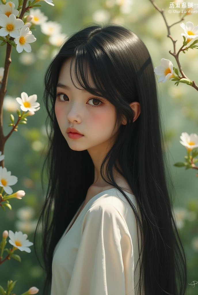 Fair skin、Long Black Hair、A pure and beautiful girl、Deep-set eyelids、Neutral facial features、Realistic
