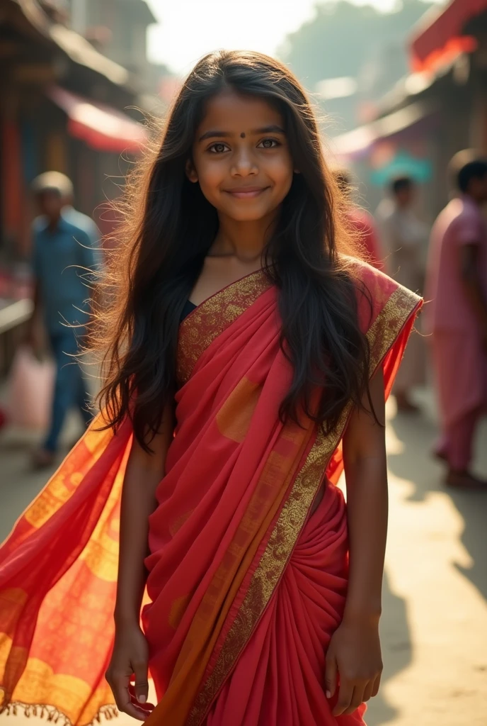 Bangladeshi girl with heavy chest, in saree with long hair