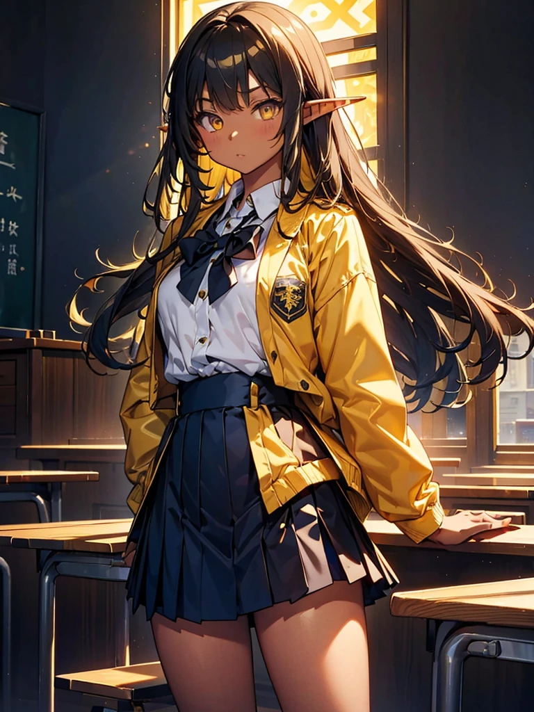 Tianshangyuan_Asuka,1peopleの,length_hair,School_uniform, Leopard print underwear, big_chest,　Yellow Eyes,　Blue Skirt,　White jacket,Mini skirt,Black background with spotlight,mature elf １people((Dark Skin:1.5,Golden eyes:1.4,Bright 緑色のhair:1.3,Gal Style,big ,)), 