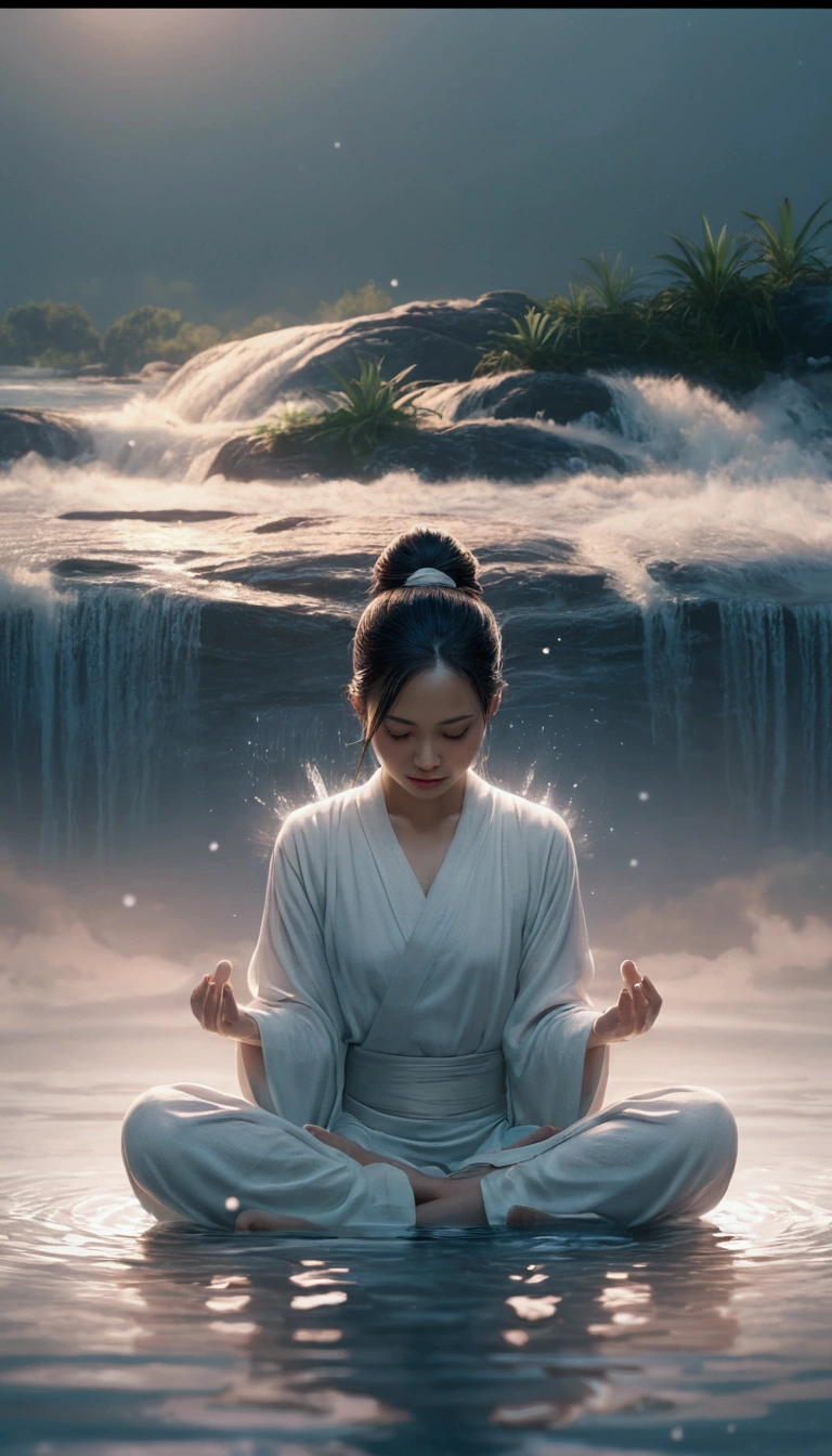 There is a woman sitting in the water with her eyes closed., 赛博朋克禅宗meditation, Beautiful digital artwork, meditation, Water Treatment Photoshop, 8k stunning artwork, Floating in a powerful zen state, meditation, Ross Tran 8k, realistic digital art 4k, realistic digital art 4k, zen meditation, 8K Photorealistic Digital Art, Zen Aesthetics