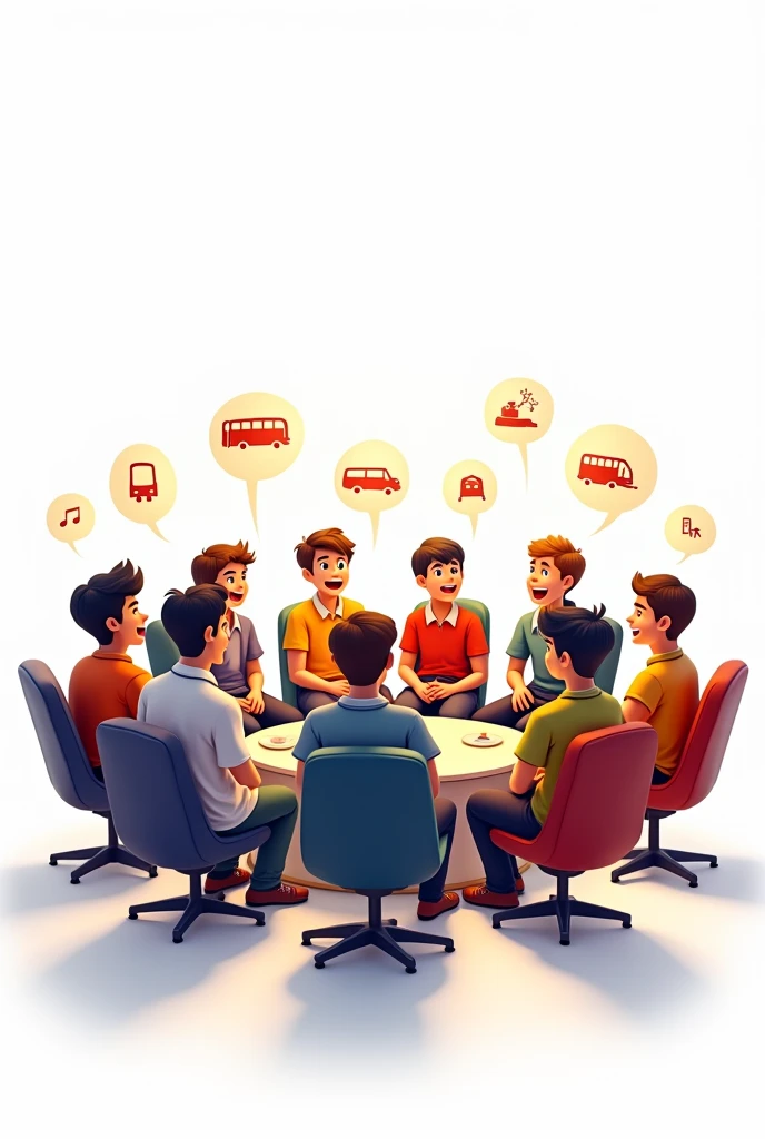 let's make image for me.I will use the image for a group photo. the group is about discussion of tour. and in the group there are eight of boys whom are study in inter 2nd year.
let's make the image with white background,and animated people. also with two related short icon which will apears transparently on the photo. add more transparent icon about tour,bus and train.make this image more suitable to use for a group profile picture of facebook. and also make the viewing angle from the top. Make them seated on chair roundly.

