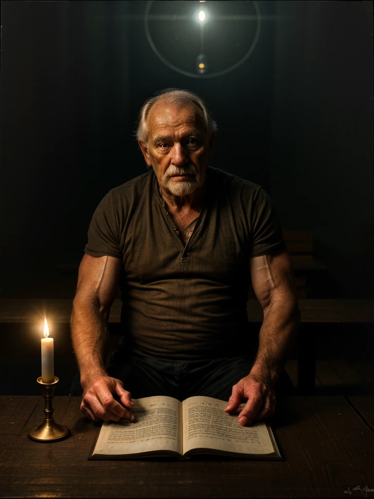 A scene in the painting style of Jan Matejko showing an mature man sitting at a wooden table and reading a papyrus scroll. The whole thing is immersed in darkness, the only source of light is a burning candle standing on the table, illuminating the old man's face and bare muscular torso. The whole thing has a mysterious and slightly dark atmosphere. The background is a dark, barely visible chamber.