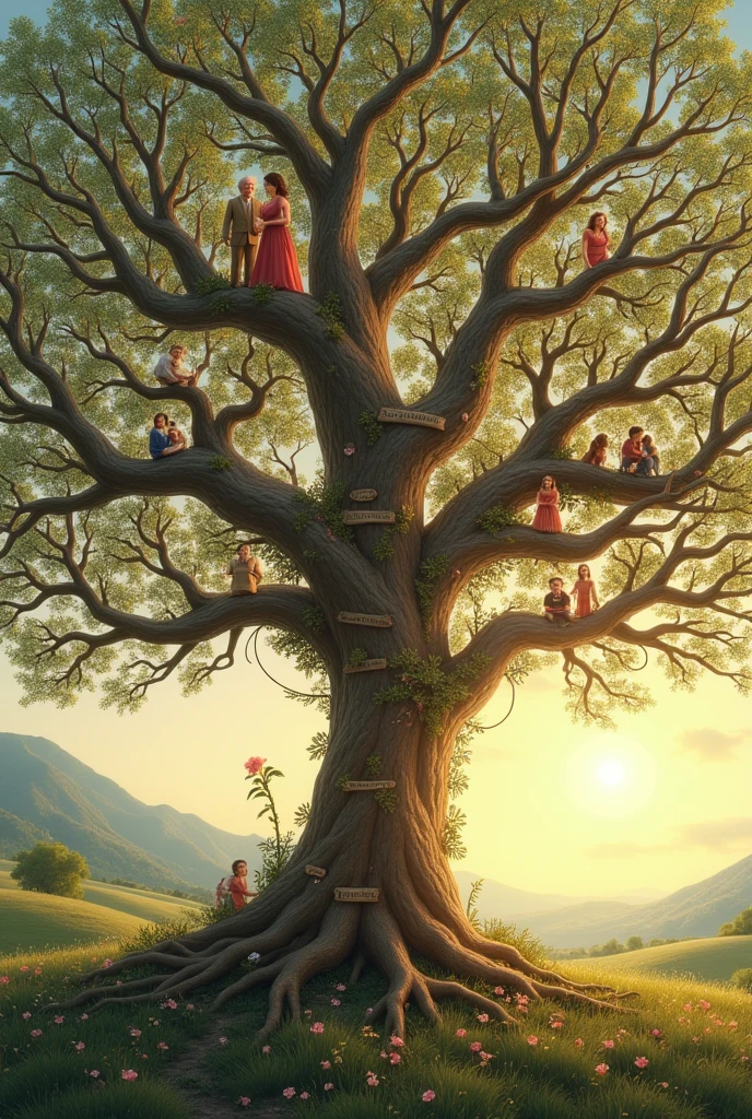 complex family tree with stepdad and stepmoms and grandparenfs from roots to up, branches family