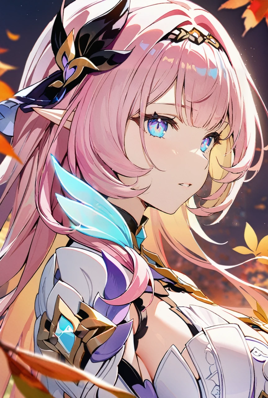 1girl,elysia_\(honkai_impact\),(8K, Highest quality, masterpiece:1.2),(Highest quality:1.0), (Ultra-high resolution:1.0), watercolor, Beautiful woman, shoulder, Hair Ribbon, Agnes Cecil, Half Body Portrait, Very bright and luminous design, pastel colour, (ink:1.3), Autumn Light,large breasts 