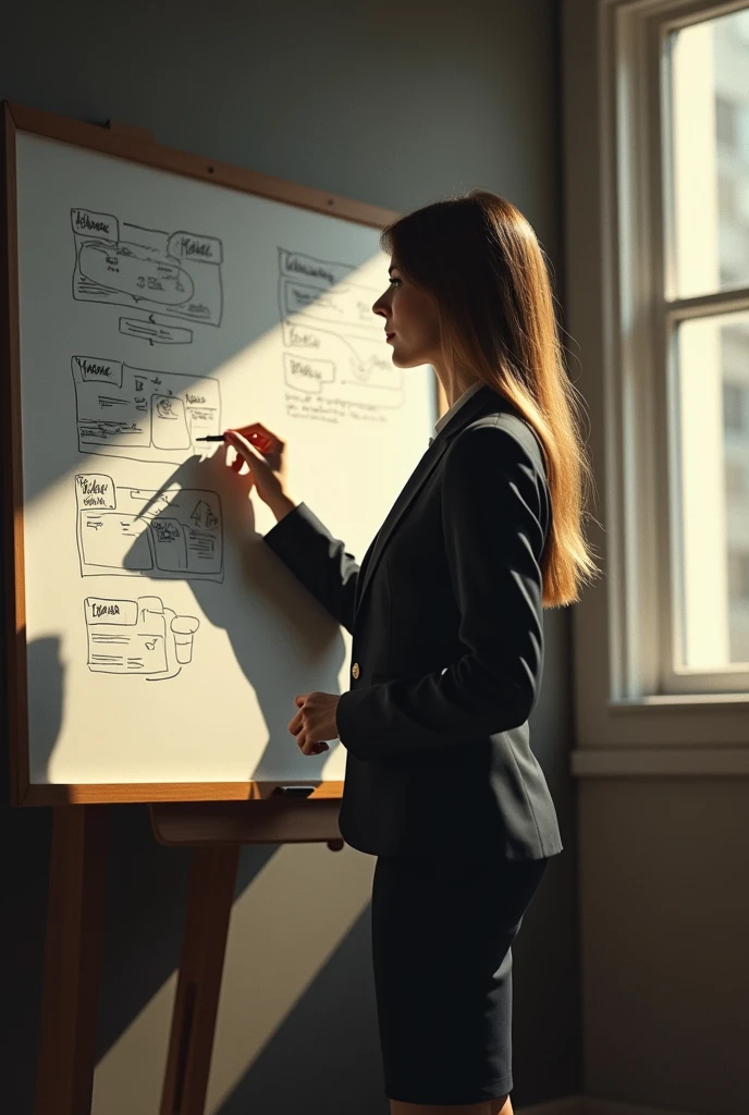 A striking, artistic rendition of a young,  woman. She dons a long-sleeved shirt and a delicate blazer, accentuating her graceful figure, and wears a pencil skirt that further showcases her elegance. she wrote at the whiteboard with an intricate and realistic strategy, a testament to her exceptional talent while leading the board meeting. The room is bathed in a dim light, with rays of sunlight streaming through a nearby window, creating an inviting and intellectual ambiance. The shadows playfully dance around her silhouette, adding a touch of mystique to the scene.