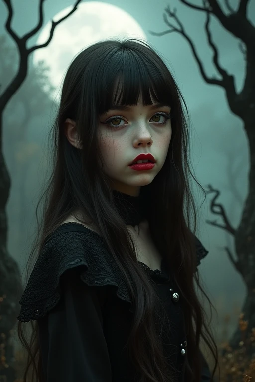 Vampire girl with chocolate brown eyes and long dark brown hair without bangs. Small eyes and small heart-shaped lips. The girl is covered in blood. She's goth and Tim Burton-esque, a bit quirky..