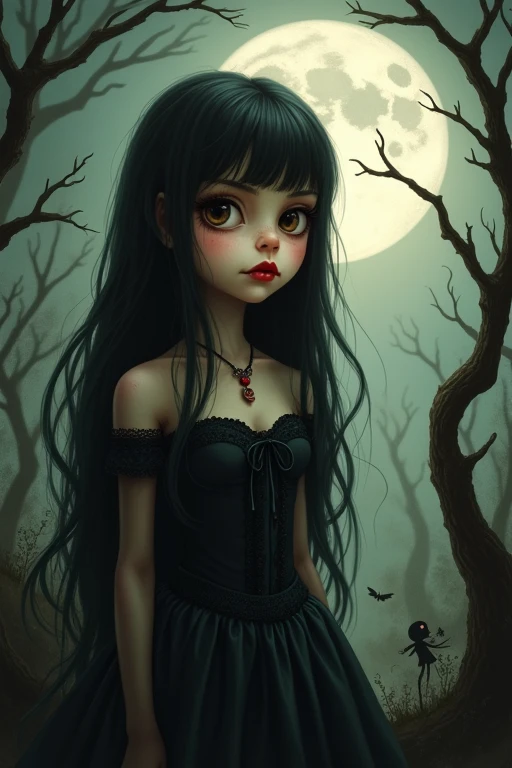 Vampire girl with chocolate brown eyes and long dark brown hair without bangs. Small eyes and small heart-shaped lips. The girl is covered in blood. She's goth and Tim Burton-esque, a bit quirky..