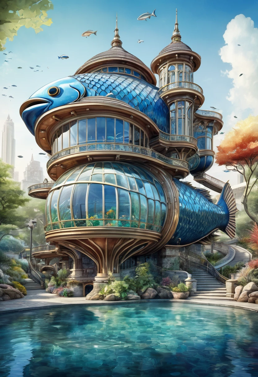 A captivating, award-winning 4K 3D high-definition image of a unique building designed to resemble a fish. The intricate and detailed plumbing system visible on the structure is a marvel of architectural ingenuity. The artwork pays homage to a diverse range of artists The scene is rendered in a beautiful watercolor and ink style, showcasing an incredible view that blends reality and fantasy.