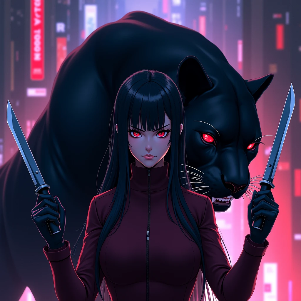 Yuri with black hair and red eyes in action at spy and family in anime style with both knife in hands hidding her face only her red eyes glimmering at dark city light... There's a big huge black panther on her back