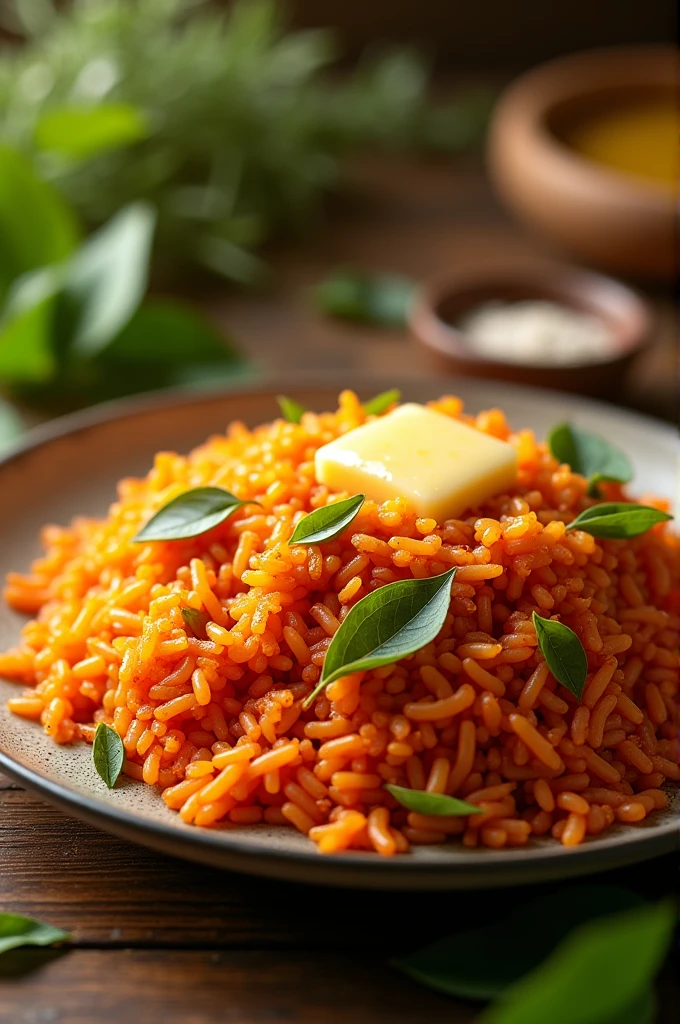 Create a picture for me with a red and yellow rice background with leaves for a visually appealing look. The background should include a description of warm rice and other interesting explanations.