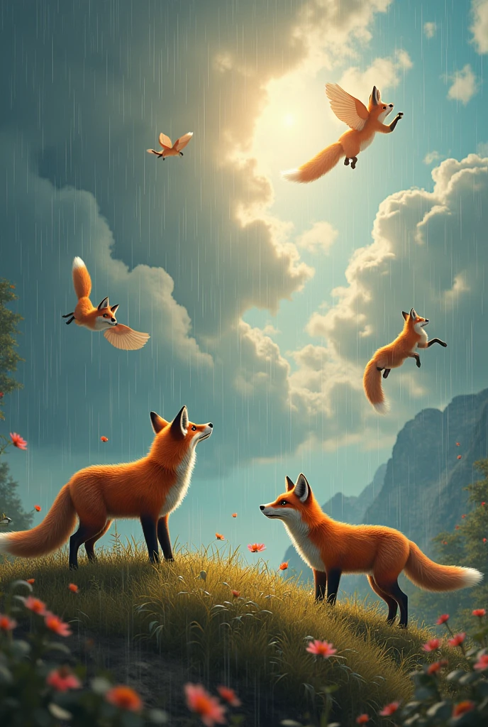 a magical fantasy scene with foxes falling from the sky instead of rain, detailed fox figures, beautiful detailed eyes,beautiful detailed fur,extremely detailed faces, photorealistic, cinematic lighting, vibrant colors, dramatic clouds, highly detailed landscape, fantasy art