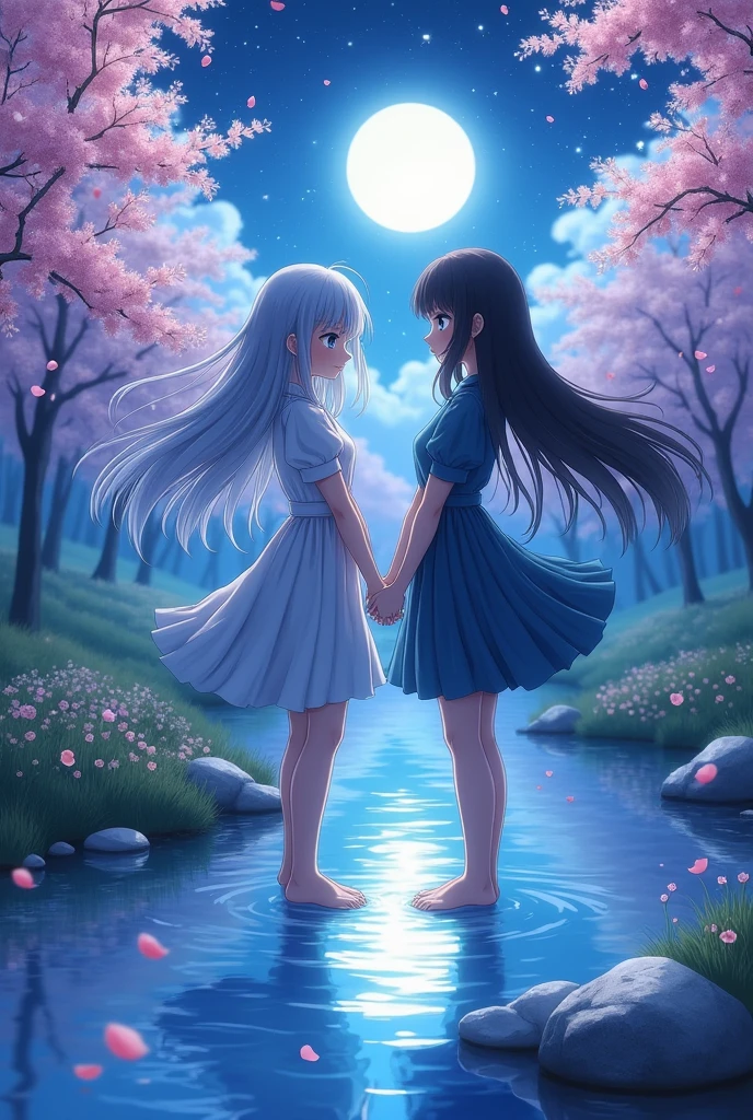 A girl with gray hair and blue eyes with her friend who has black hair at a spring under the moonlight 