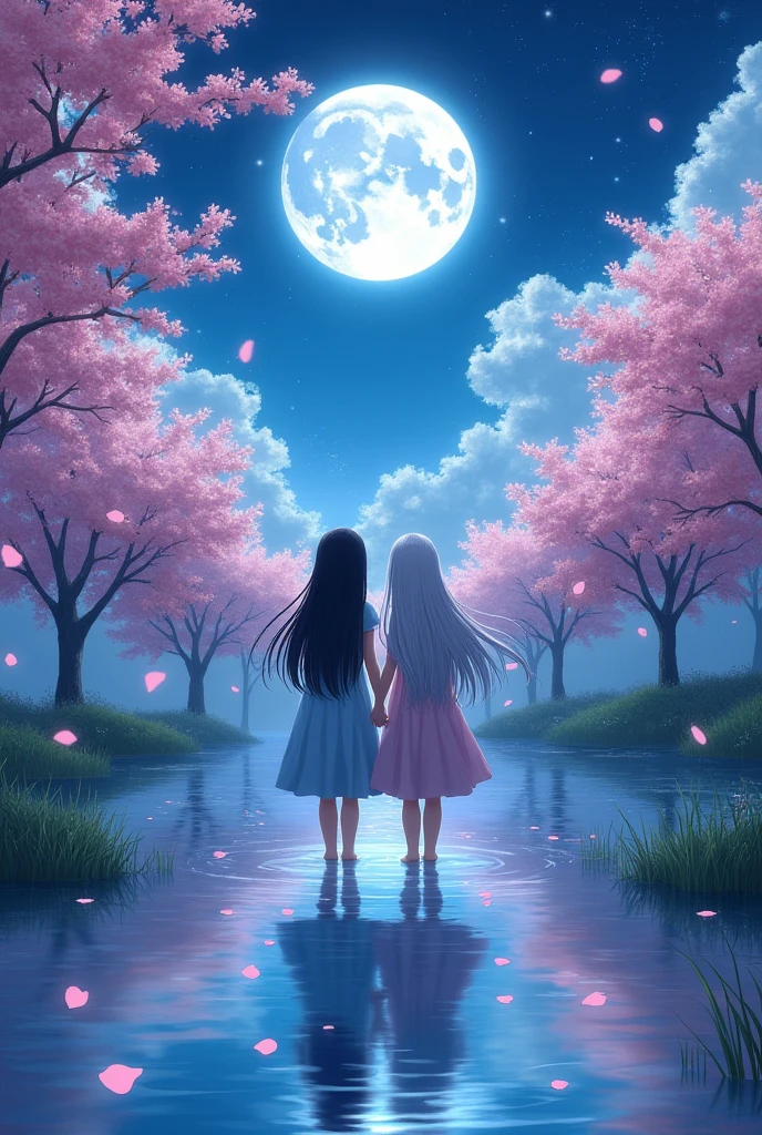 A girl with gray hair and blue eyes with her friend who has black hair at a spring under the moonlight 
