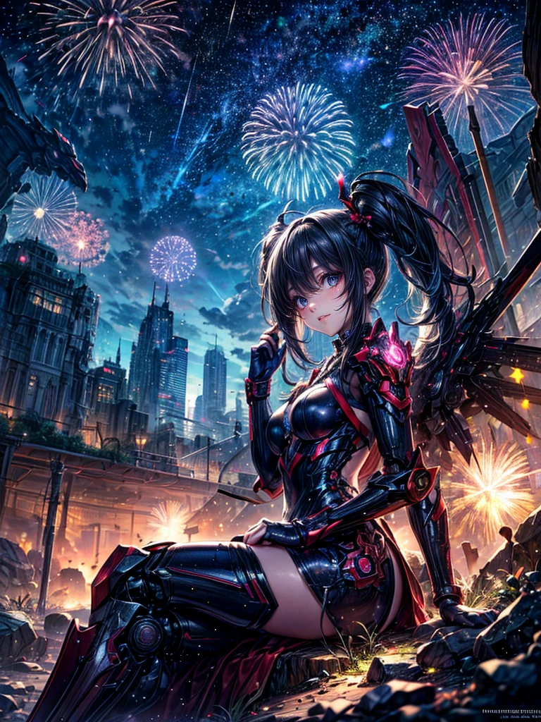 High resolution, Winner of numerous awards, Ultra high definition, Textured skin, Retina,
masterpiece,(bestquality),highlydetailed,ultra-detailed,1girl, (A composition where a girl is sitting on the shoulder of a giant robot or in the palm of a giant robot’s hand.:1.4)(robot)(fantasylandscape:1.2,natural lighting:1.5,confidentexpression),(panorama:1.2),mecha, smile,angle、chrome,raw(A beautiful girl with black twintails and a Chinese dress.:1.5)Fireworks go off🎇、(Fireworks lighting)(Starry Sky)