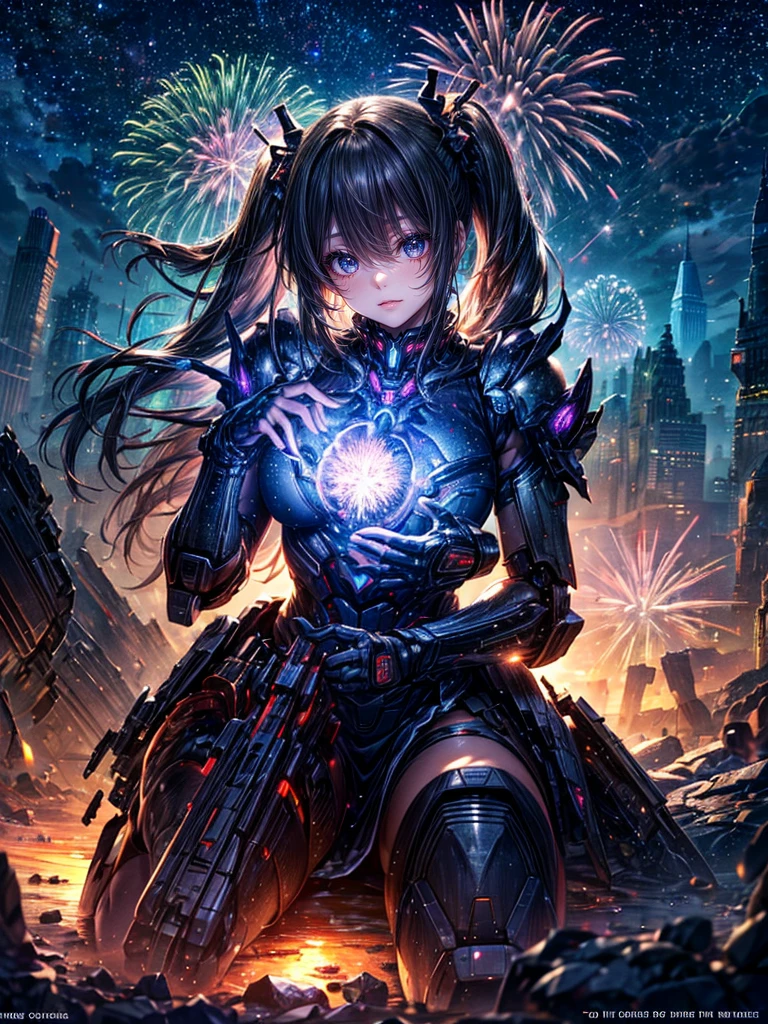 High resolution, Winner of numerous awards, Ultra high definition, Textured skin, Retina, 
masterpiece,(bestquality),highlydetailed,ultra-detailed,1girl, （A composition where a girl is sitting on the shoulder of a giant robot or in the palm of a giant robot’s hand.:1.4）（robot）(fantasylandscape:1.2,natural lighting:1.5,confidentexpression),(panorama:1.2),mecha, smile,angle、chrome,raw（A beautiful girl with black twintails and a Chinese dress.:1.5）Fireworks go off🎇、（Fireworks lighting）(Starry Sky)