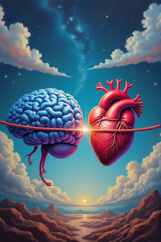 Brain and heart stretching each other by a rope at a far distance