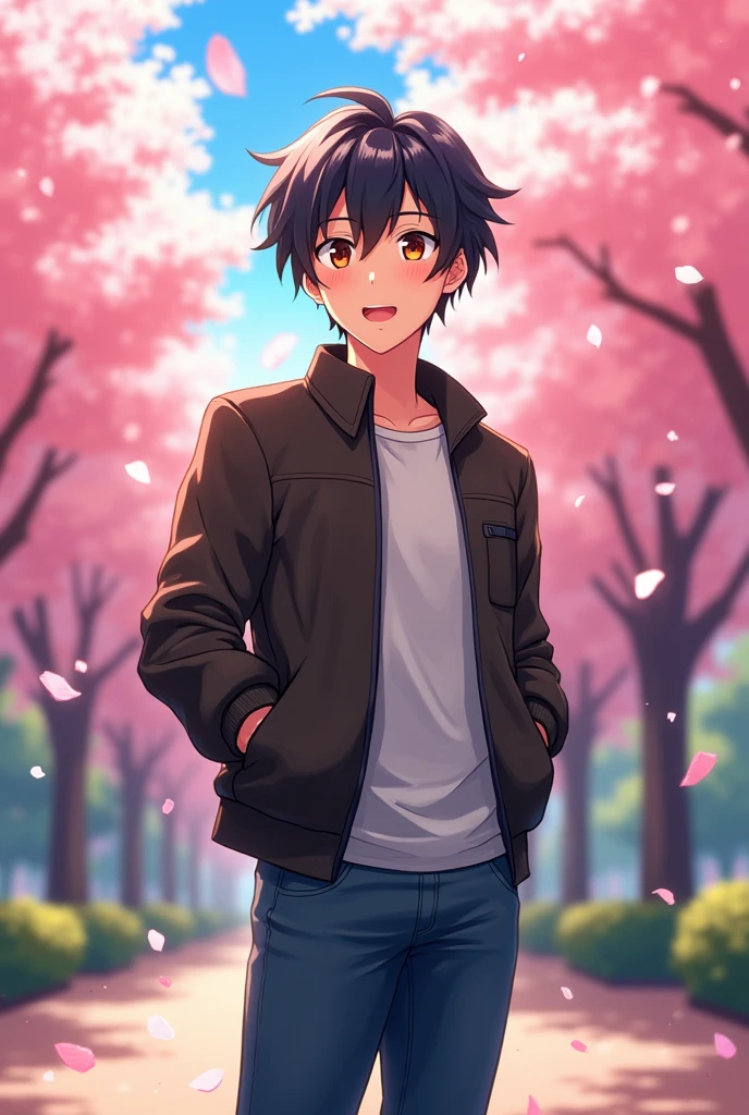 
A simple 2d anime men character standing with black hair brown eyes hand in explaining gesture