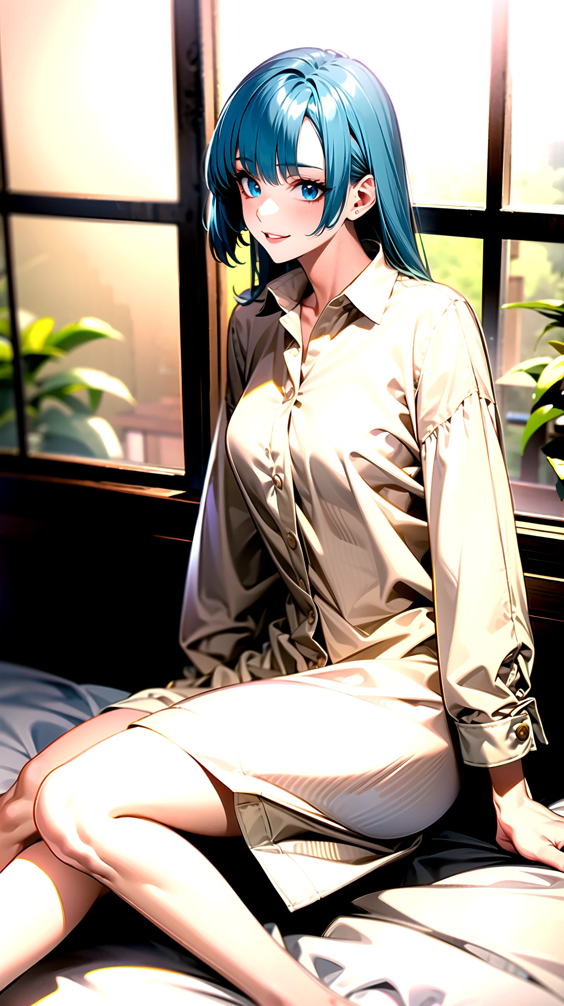 （（super high quality,Ultra-high resolution,4K,8k,super masterpiece,Ultra HD ,Detailed shading））,Full body photo,By the window in the morning sun,Sit on the bed,1 high school girl,popped collar White shirts,Bend your sleeves up to your elbows.,Straight emerald blue hair that extended to her shoulders,Side-swept bangs,Light blue eyes,Sharp gaze with raised eyebrows,smile,
