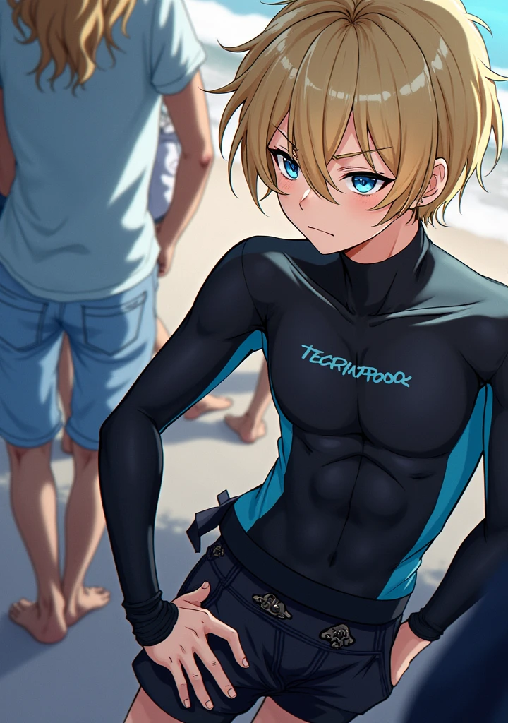 Anime taste　Blonde Bob　　Right eye hidden by bangs　Embarrassed look　blue eyes　Wetsuits　Shorts　Feeling embarrassed　Right eye hidden by bangs　Sharp eyes　short hair on the back of the head　Modest character　Worried eyebrows　Beautiful Boy　Spread your legs　Protruding nipples　Torn clothes　Disliked expression　Her right eye is hidden by her bangs