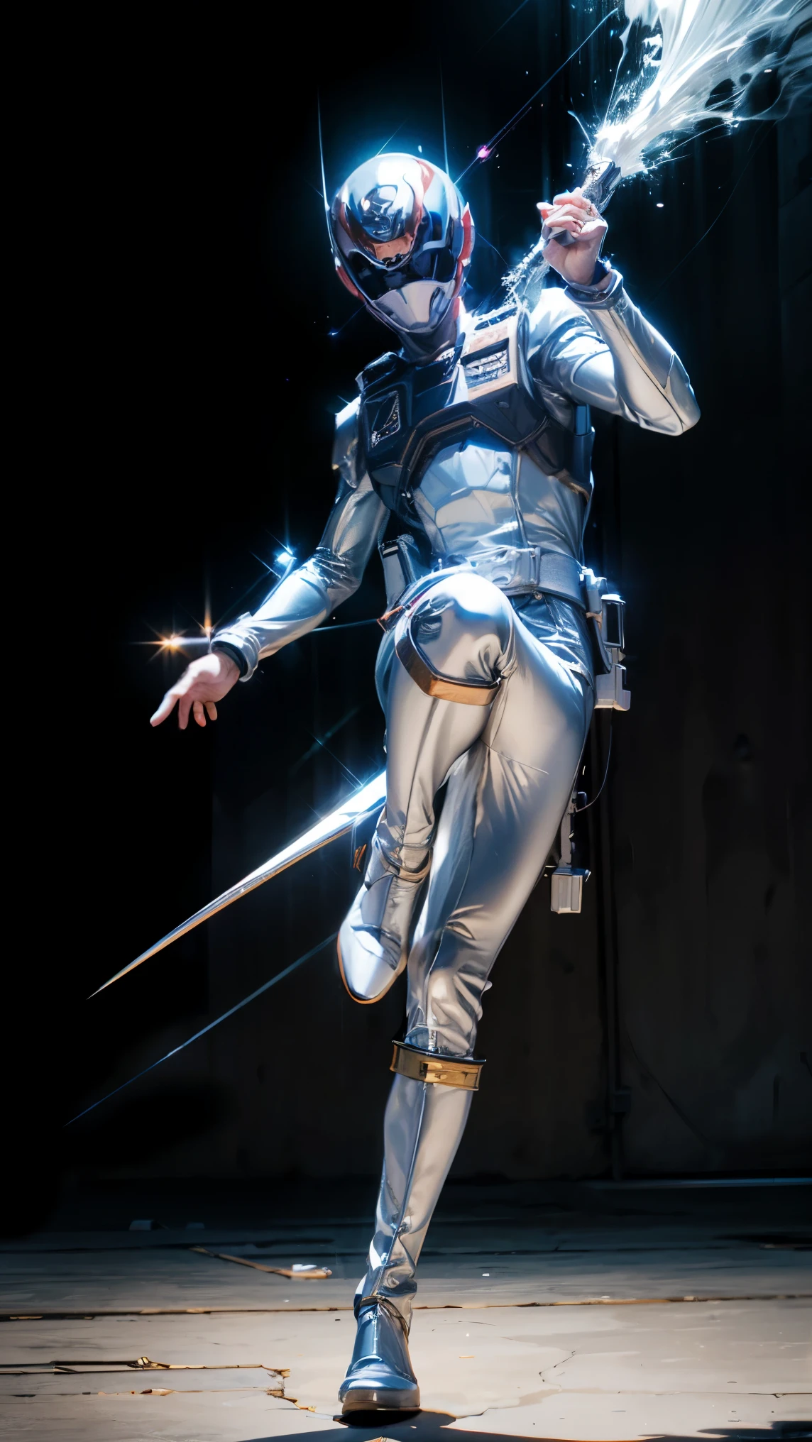 1 boy, white, full body, illustration, Cinema-grade lighting, high resolution, best quality, very detailed, Masterpiece, power suit, Power Rangers, suit, speed, (silver royal guard ranger suit), Gold Details, holding white pistol, flow, Light armor, martial arts, dynamic, flame, particle