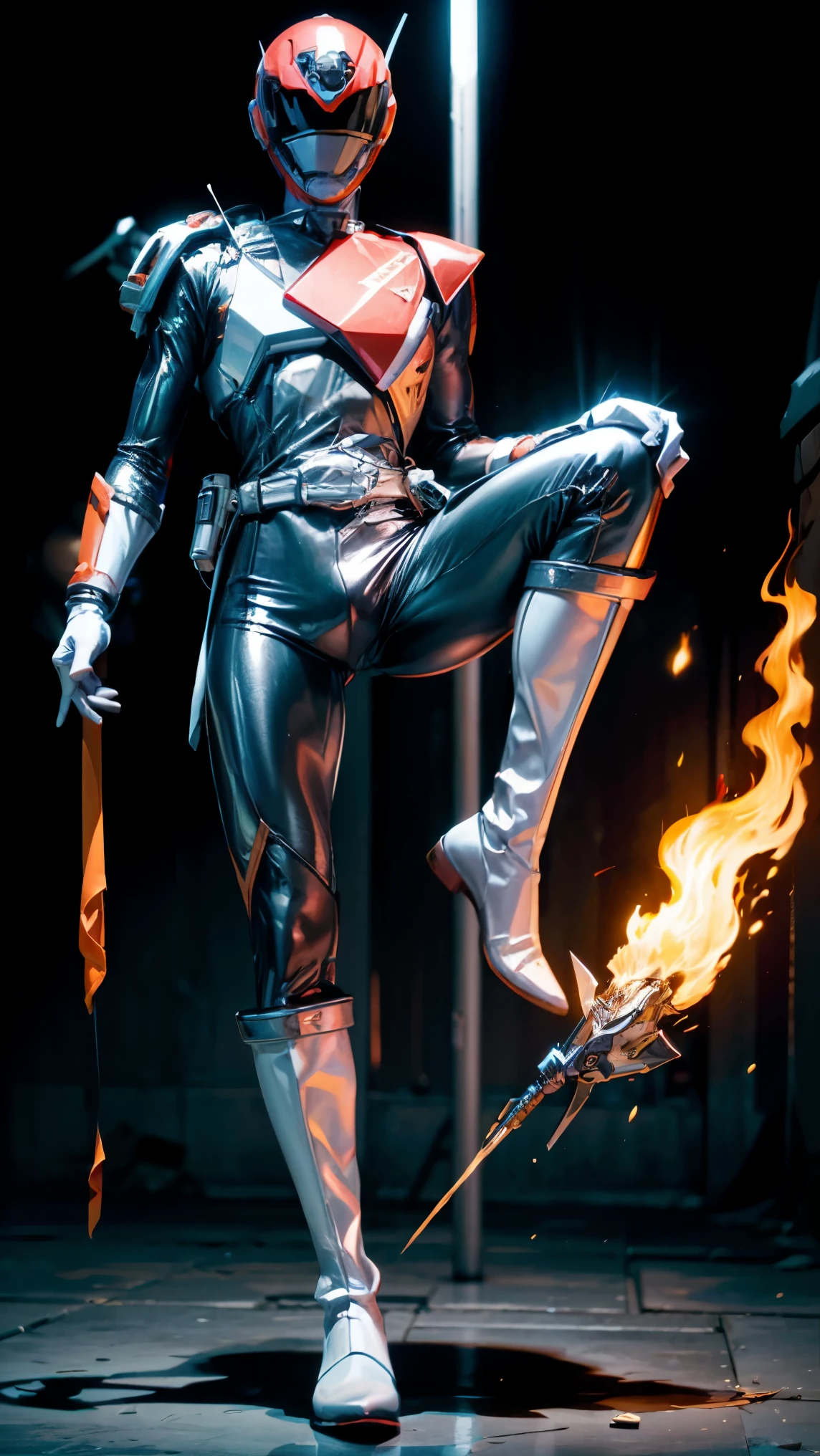 1 boy, white, full body, illustration, Cinema-grade lighting, high resolution, best quality, very detailed, Masterpiece, power suit, Power Rangers, suit, speed, (silver royal guard ranger suit), Gold Details, holding white pistol, flow, Light armor, martial arts, dynamic, flame, particle