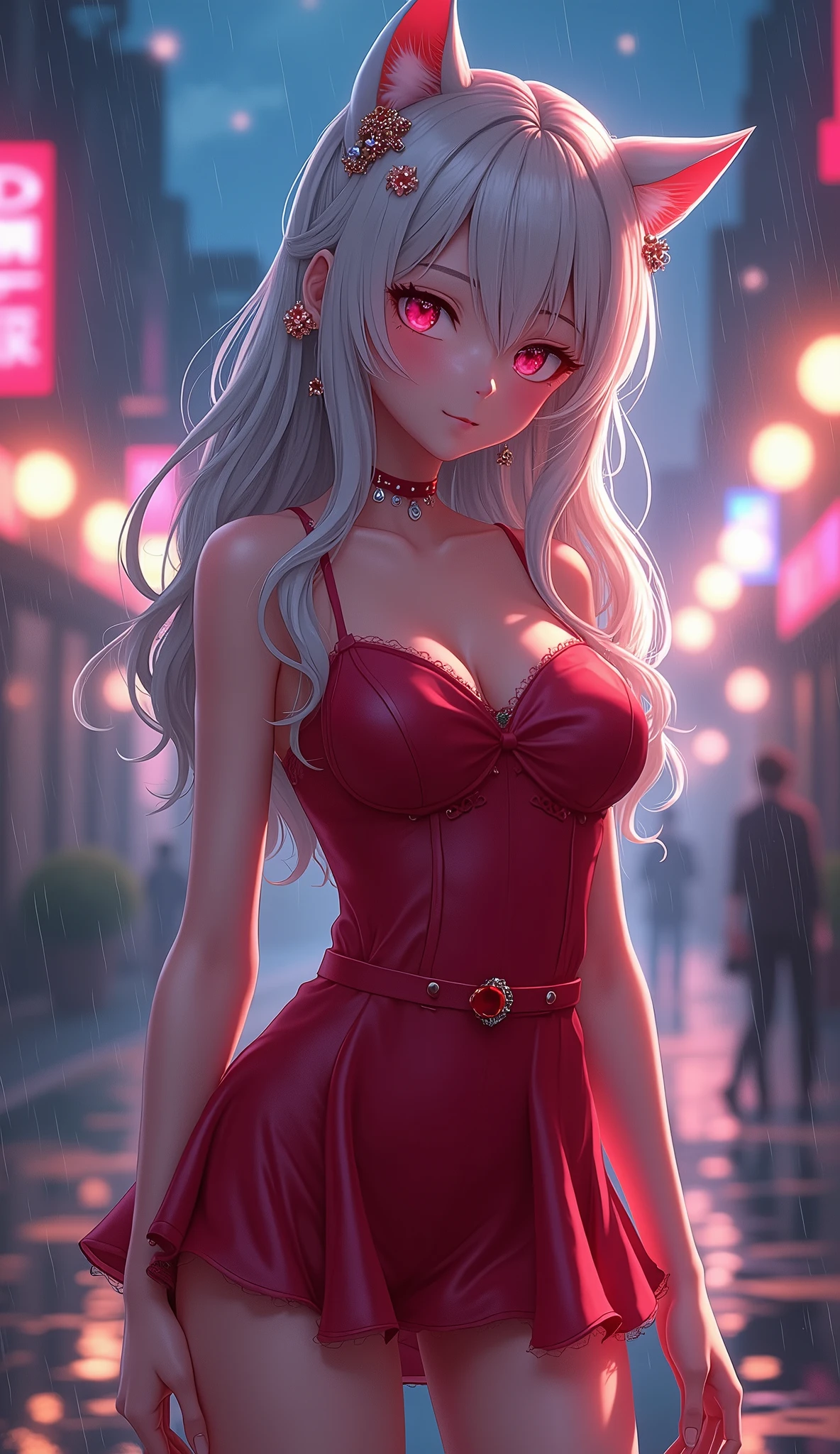 photorealistic,Realistic illustration in Modelshoot style,((masterpiece)),((The best quality)),((Ultra Quality)),((ultra detailed)),((1girl long white hair)),((Only)),((waifu:1.5)),Perfect anatomy,perfect hands,beautiful cuerpo,beautiful_method,ulzzang-6500-v1,e-chica,Exceptionally Beauty Waifu Princess Mary R., intricate details, realist, photorealist, Full Body Portrait, Instagram Photo of a woman wearing aretes, Mary R., inspired by Emma Andijewska, wrapped in crystals,(masterpiece:1.3), (Best Quality:1.3), (Ultra-detailed:1.2), ((kawaii)), Cute, (lovely), ((sexy)), ((Extremely detailed)), 4K, (8K), Best Quality, (Beautiful), Illustration, anime style, (bold line:1.2), Gradation,(best quality, ultra-detailed, photorealistic: 1.39), bright and vibrant colors, studio lighting, (Perfect eyes:1.2), (Perfect iris:1.2), romantic kawaii expression, cute delicate smile, kawaii makeup, 17-year-old e-girl, short red dress, platinum braided and curl white hair, cat ears, big breasts, fit, long wavy hair, mercenary, Mary R.,((bright-pink_eyes)),long wavy hair,hair clips,eyeliner,cute makeup,lipstick,Glossy lipstick,with a look of terror, worry and sadness,((eyes detallados perfectos)),rainy with fog outside,evening,pink theme,bioluminiscencia,light particles,((Extremely CG Unity 8K Wallpaper)),((cinematic lighting,Best quality lights)),intricate details,Suave,sharp focus,Extremely beautiful and aesthetic,Octane rendering,Full length portrait,damp skin,((Perfect detailed body)),