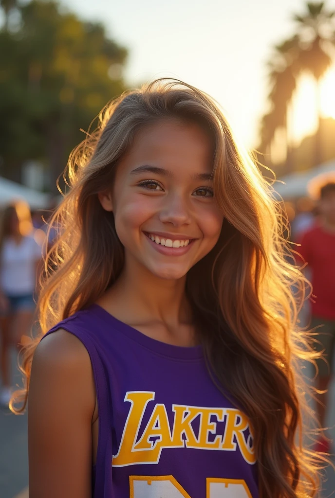 create a realistic photo, a beautiful young girl is taking an amateur photo for Instagram, The photo should be realistic, but the quality not so good, add texture to the hair and skin, facefocus, she's wearing a Lakers shirt